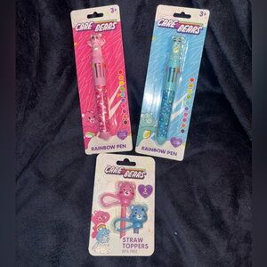 Care Bears Grumpy & Cheer Bear - Pink & Blue Rainbow Pens and Straw Toppers Set
